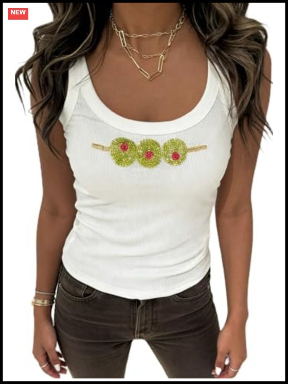 Beaded Sequined Ribbed Knit Tank Top Women Summer Sleeveless Crew Neck